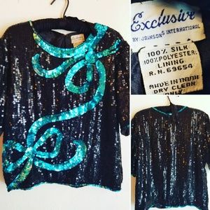 Vintage Black and Blue Sequin Short Sleeve Top